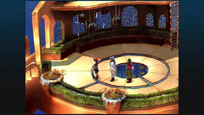 Trois guerriers traversent la place sur le toit de Viper Mansion dans Chrono Cross: The Radical Dreamers Edition