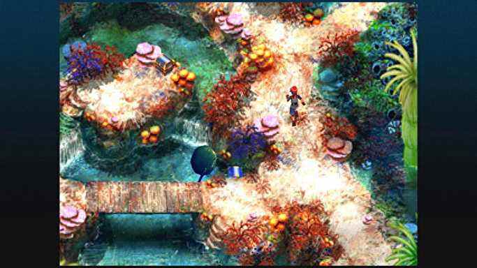 Un garçon traverse une scène de plage de corail pixélisée dans Chrono Cross: The Radical Dreamers Edition