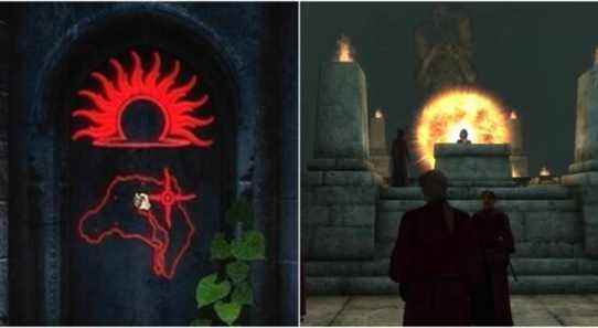 A symbol on a tomb door (left) that reveals the location of the Mythic Dawn's hideout (right)