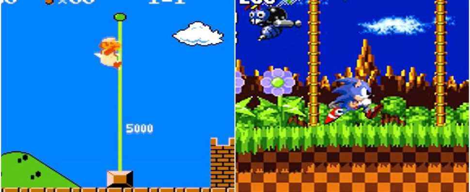 (Left) Mario on a flag (Right) Sonic running