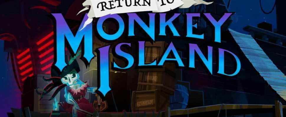 return to monkey island logo with a skeleton playing the fiddle