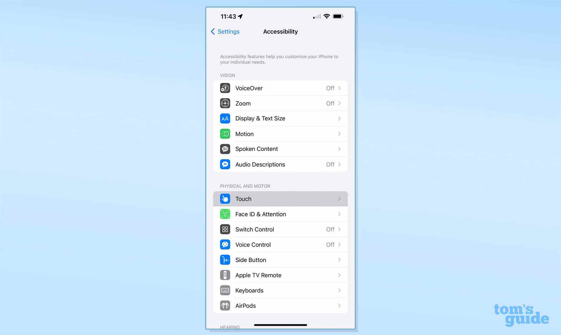 Une capture d'écran du menu d'accessibilité des paramètres iOS, montrant la section tactile en surbrillance