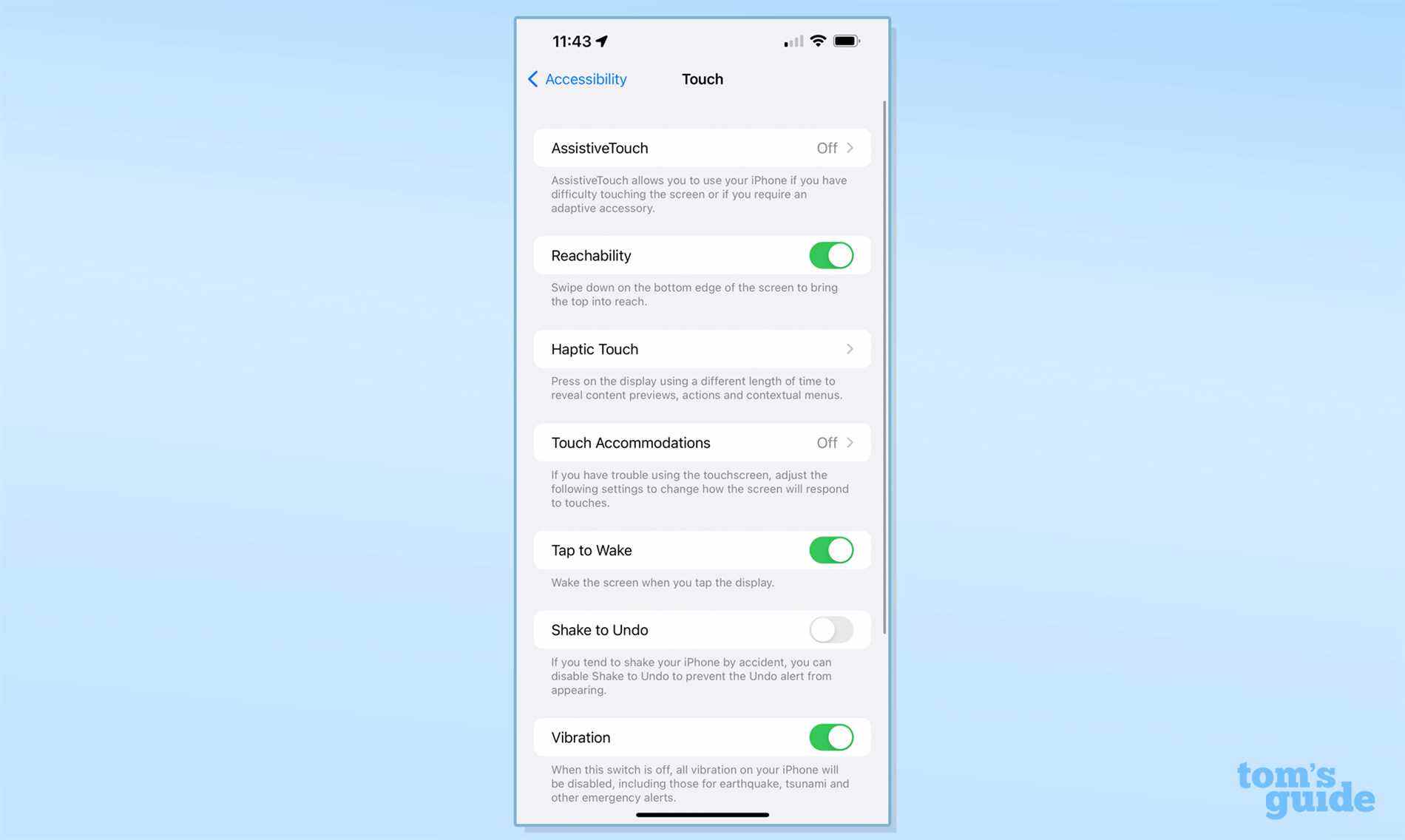 Une capture d'écran du menu d'accessibilité des paramètres iOS, dans la sous-section tactile
