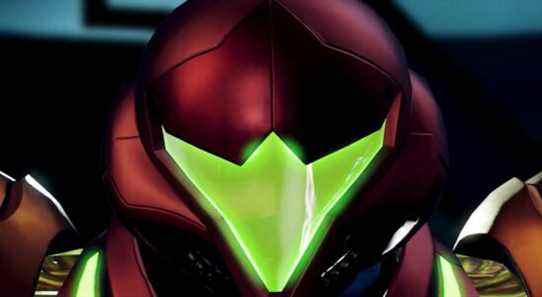 Image from Metroid Dread showing a close-up of Samus wearing her helmet.