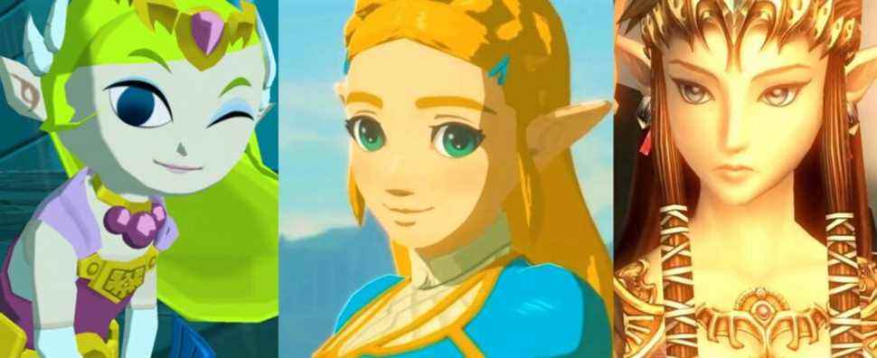 Zelda winking while holding the Master Sword in Wind Waker; Zelda in her research attire from BOTW; Zelda standing next to Link in Twilight Princess