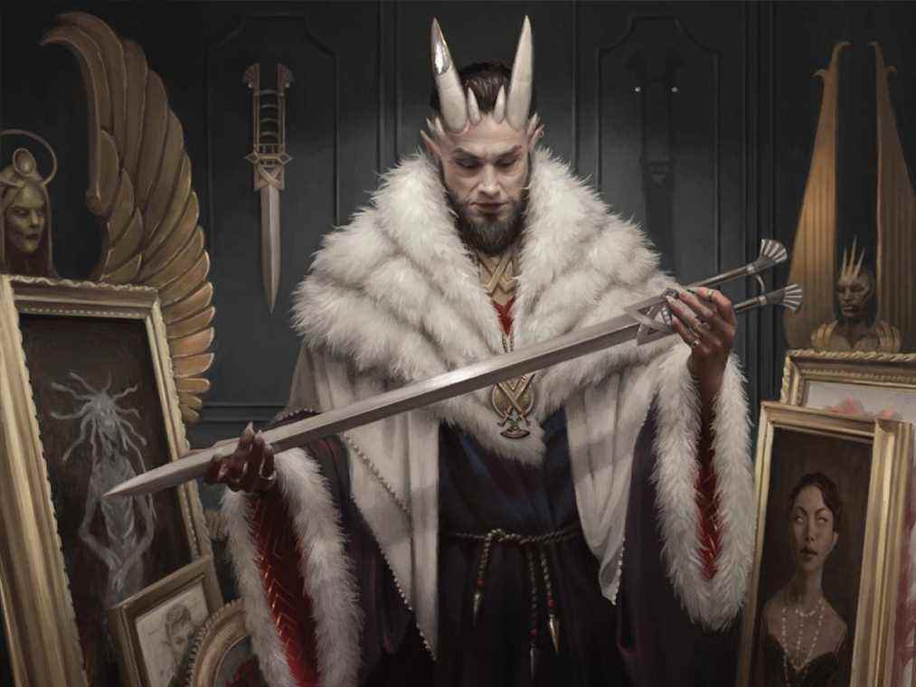 Un patron du crime nommé Xander tient une belle épée devant sa collection d'art - qui semble être cachée et non accrochée.