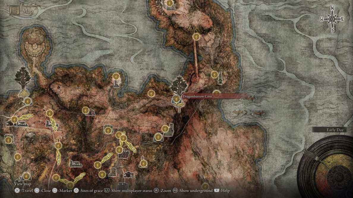 La carte d'Elden Ring, montrant l'emplacement de la grotte Dragonbarrow dans l'est de Caelid.