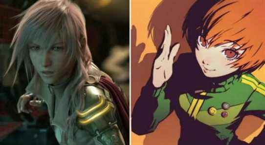 Split image Lightning from the Final fantasy 13 series in wary pose and Chie from Persona 4 offering a friendly salute
