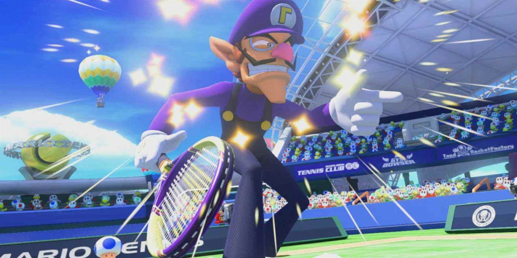Waluigi tenant une raquette de tennis, prenant la pose et étincelant dans Mario Tennis : Ultra Smash