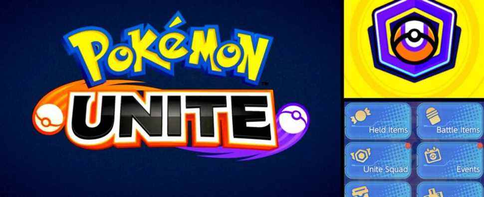 Pokemon Unite Title screen, Unite Squad logo, and Player Menu screen