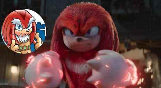 Knuckles as he appears in the second Sonic movie. Next to an image of his father from the comic's Locke.
