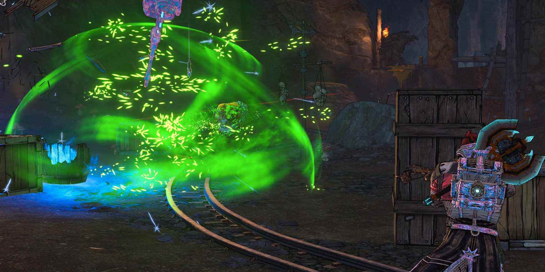 un personnage de joueur en cotte de mailles regarde une grande explosion verte avec un ennemi indistinct qui s'envole
