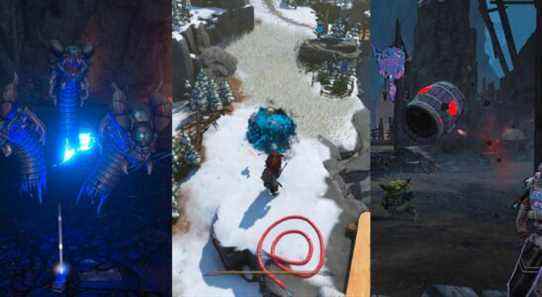 a three-headed hydra crackling with blue electricity; a player character with red hair standing in snow with a blue smoke cloud in front of him; a player character watches a barrel with a red heart on the side fly through the air