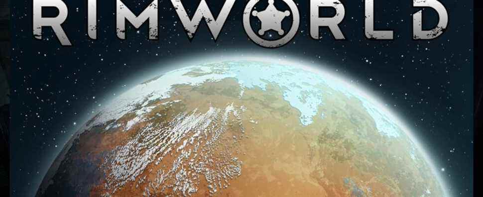 the rimworld logo, a desert planet with the rimworld name above it
