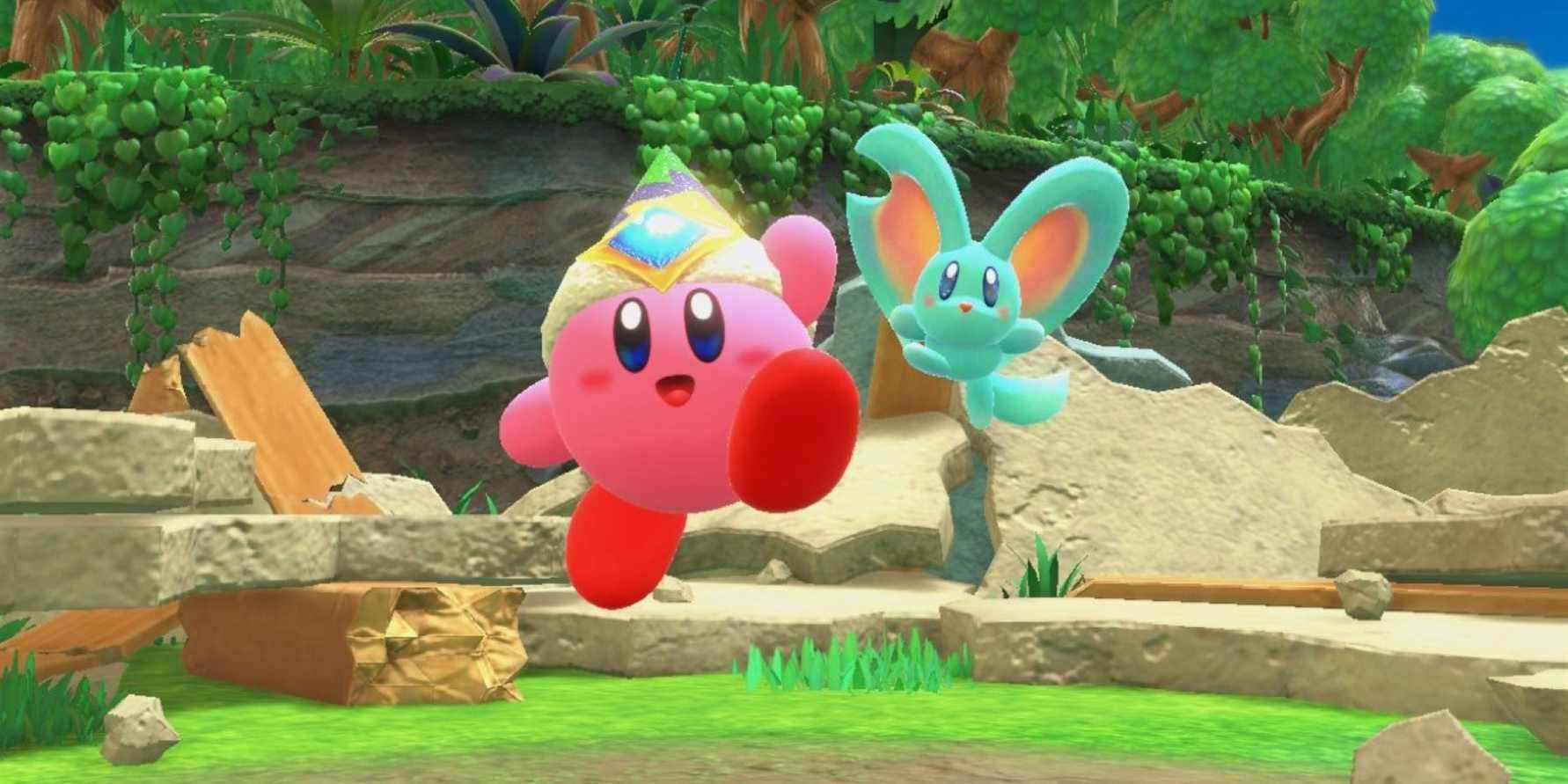 Elfilin et Bomb Kirby applaudissent dans l'introduction de Kirby and the Forgotten Land