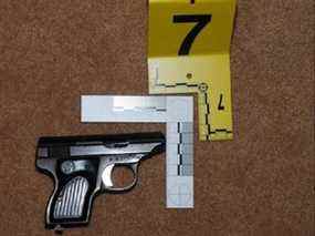 Une photo d'un pistolet présenté comme preuve au procès de Jacques Delisle, un juge à la retraite, est montrée dans une photo du tribunal.