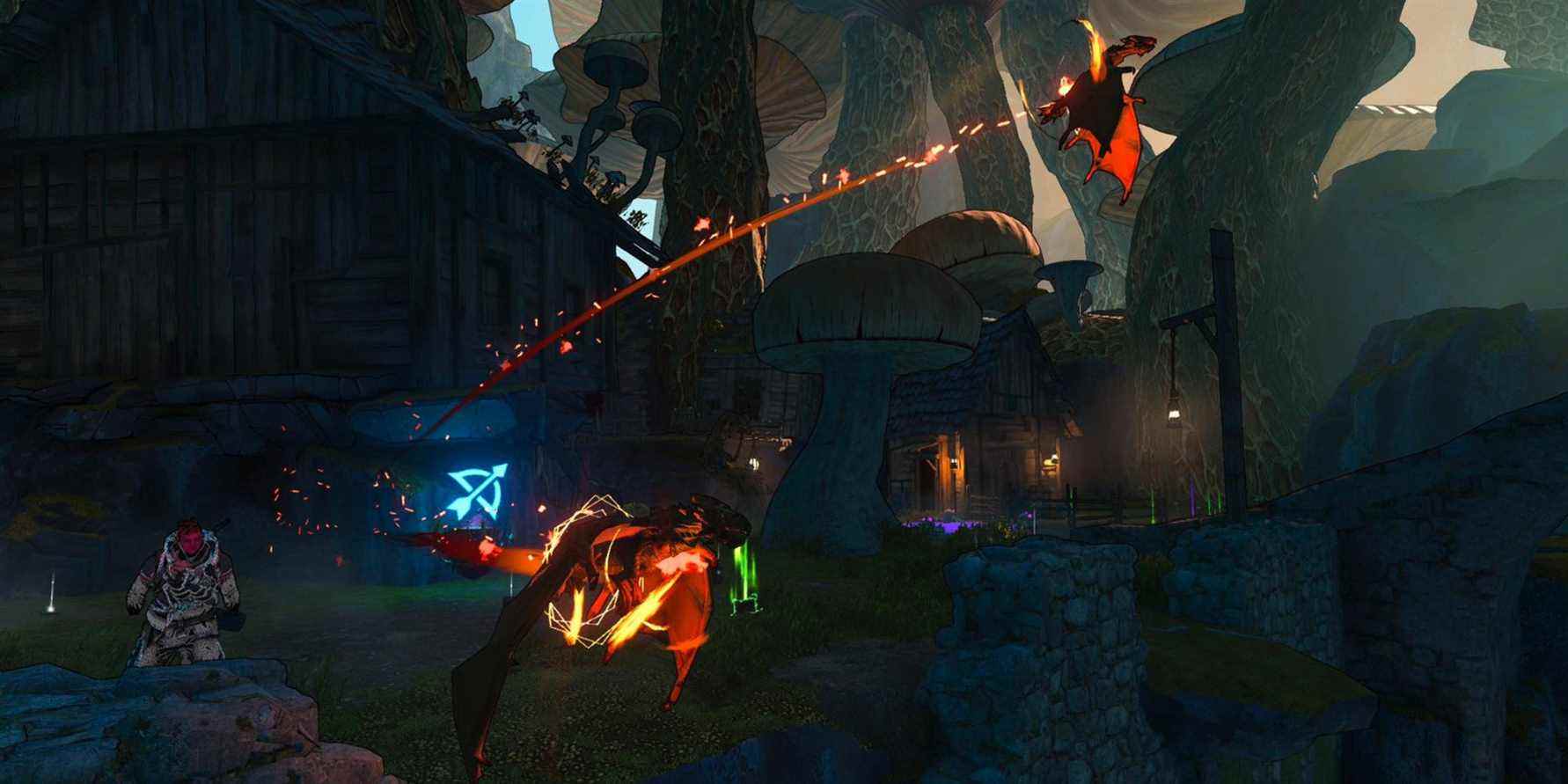 un personnage joueur dans une forêt tirant deux dragons enflammés de sa paume