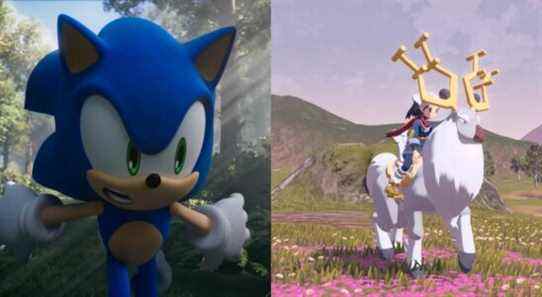 Sonic in Sonic Frontiers and the Pokemon Legends: Arceus protagonist riding a Wyrdeer