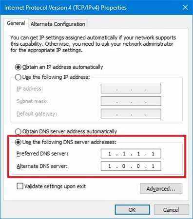 Modifier les adresses DNS préférées et alternatives 