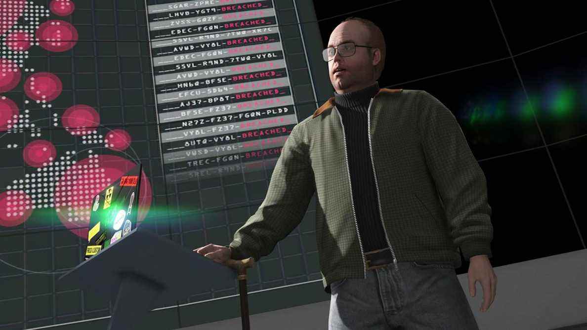 GTA Online - Lester Crest, un homme chauve avec une canne, se tient dans le bunker apocalyptique portant un col roulé et une veste. 