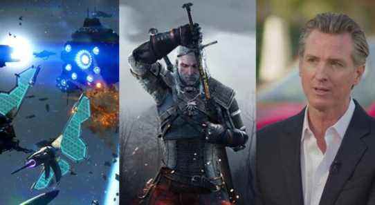 Ships fighting in No Mans Sky, Geralt from The Witcher 3, and California governer Gavin Newsom