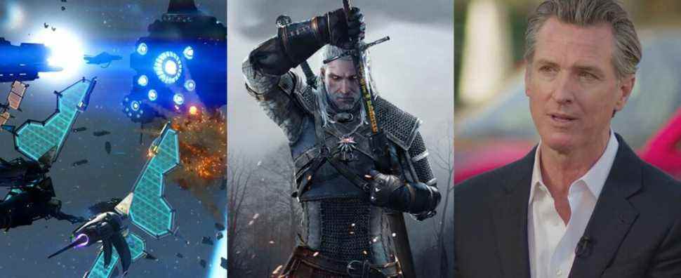 Ships fighting in No Mans Sky, Geralt from The Witcher 3, and California governer Gavin Newsom