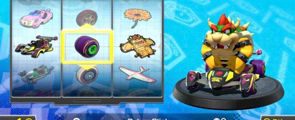 Bowser customizing a kart in Mario Kart 8 Deluxe