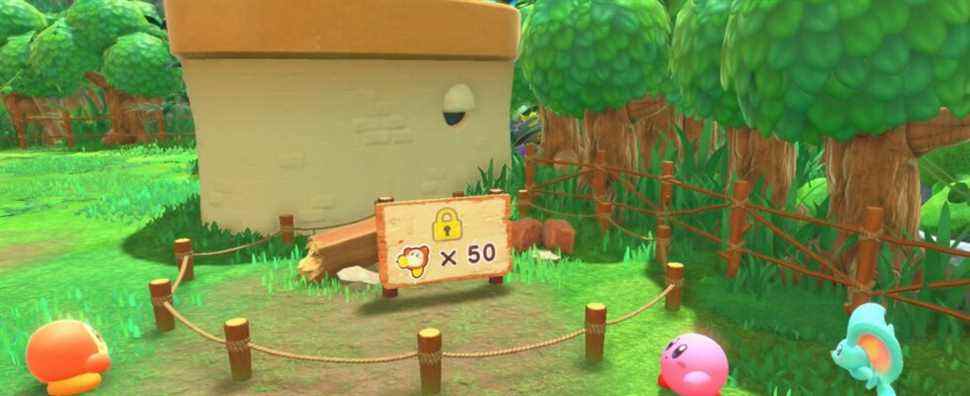 Kirby, Elfilin, and a Waddle Dee looking at the future site of Kirby's house in Kirby and the Forgotten Land's Waddle Dee Town