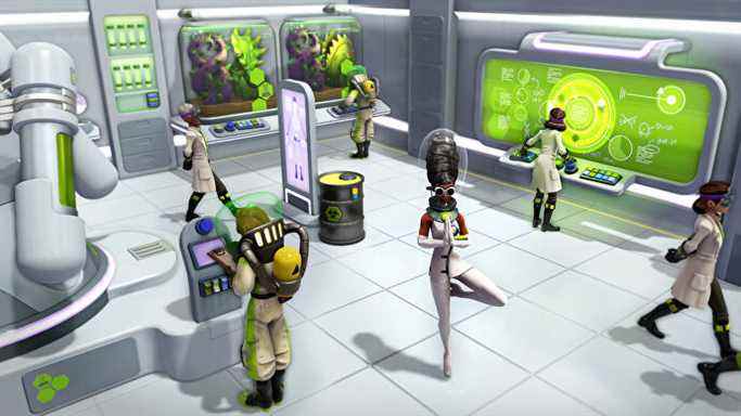 Un groupe de scientifiques dans Evil Genius 2, ils portent des blouses de laboratoire et regardent des fluides verts bizarres.