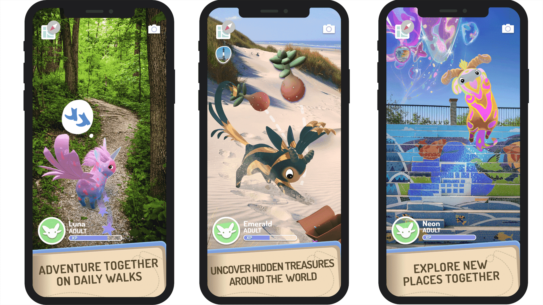 Captures d'écran mobiles montrant les activités du joueur avec Peridots, y compris les promenades quotidiennes, la recherche de trésors et l'exploration de nouveaux endroits