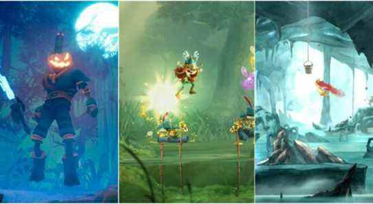 pumpkin jack and crow holding a sword, rayman legends character jumpin on baddies, child of light princess flying featured