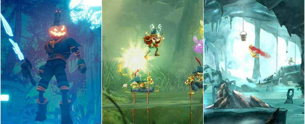 pumpkin jack and crow holding a sword, rayman legends character jumpin on baddies, child of light princess flying featured