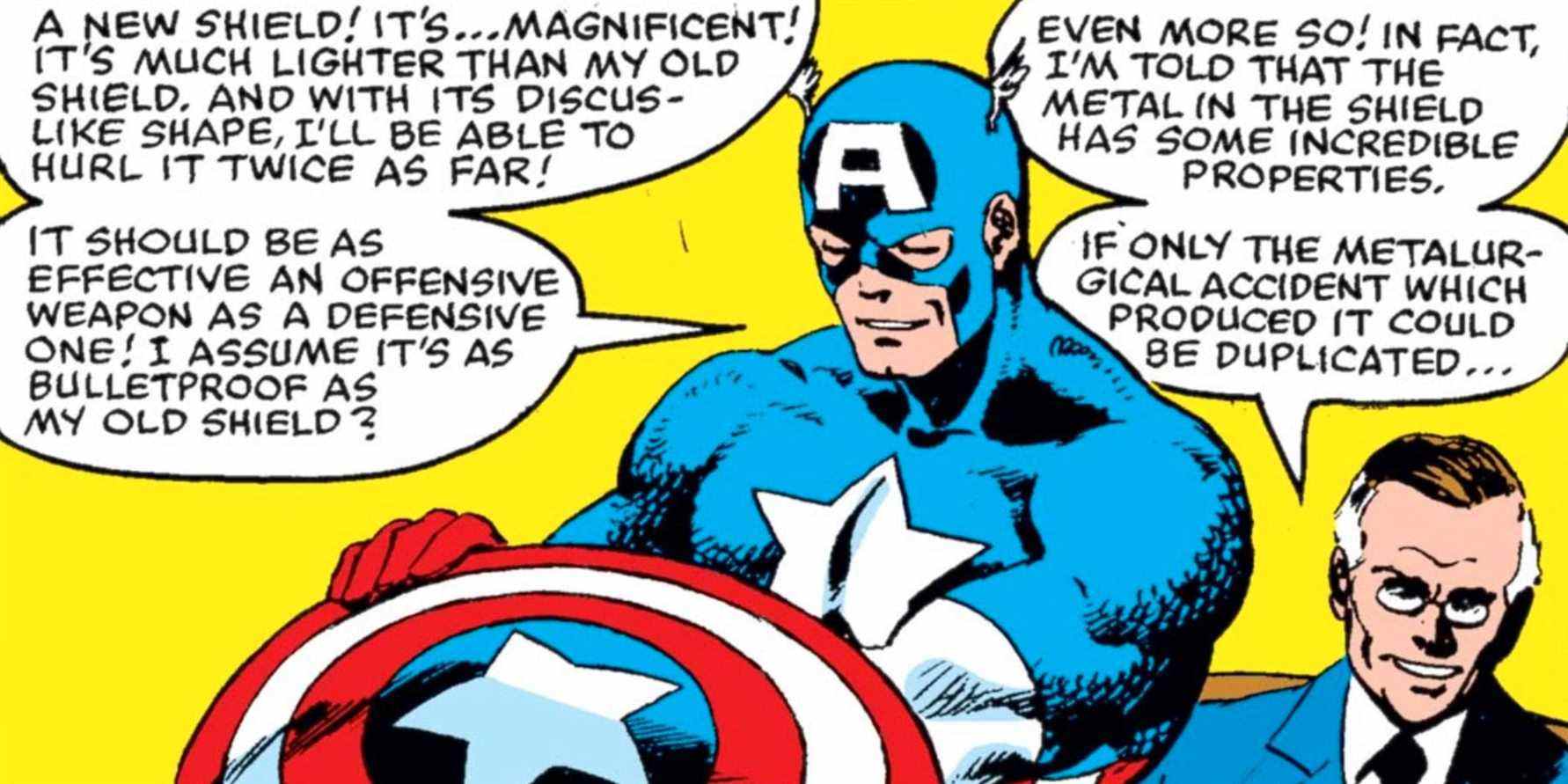 Le président Franklin Roosevelt donnant le bouclier à Captain America