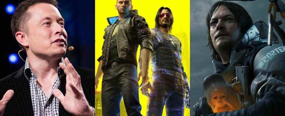 Elon Musk, V and Johnny from Cyberpunk 2077, and Sam Bridges from Death Stranding