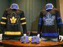 Le nouveau chandail et les casquettes réversibles des Maple Leafs créés par la ligne de vêtements Drew de Justin Bieber.  