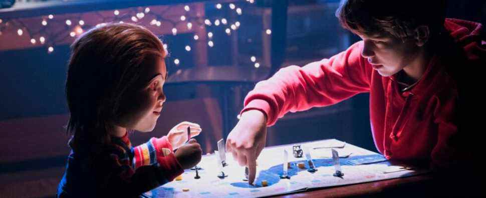 Chucky the doll playing a game with Andy Barclay (Gabriel Bateman) in Child's Play (2019)