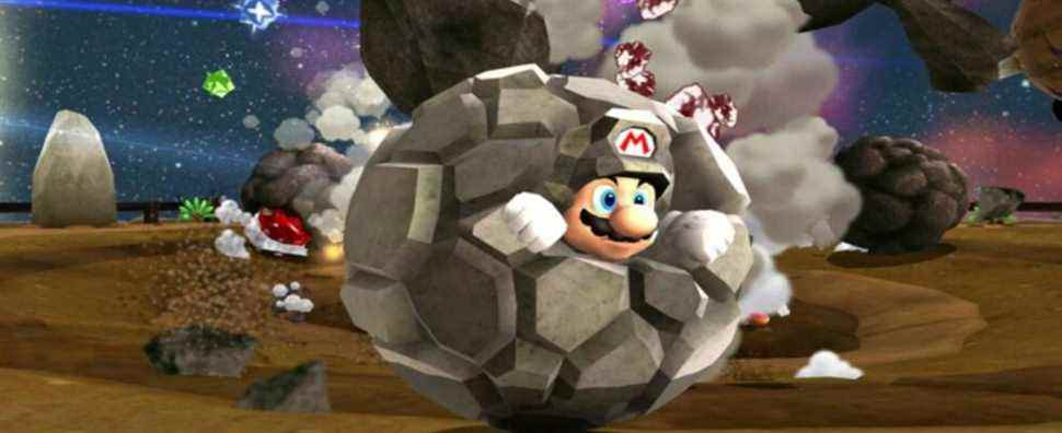 Rock Mario destroying an obstacle in a Super Mario Galaxy 2 level