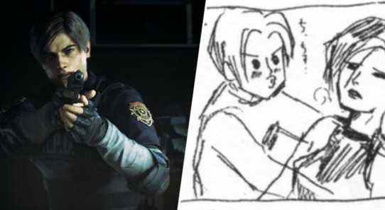 Leon Kennedy and concept art of Leon kissing Ada Wong
