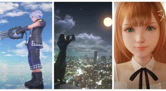 a young man with blue hair and a black and blue outfit holding out a blade with a black hand guard; a man in a black cloak holds his hands up to frame the moon while overlooking a bustling city; a young woman with red hair smiles toward the viewer