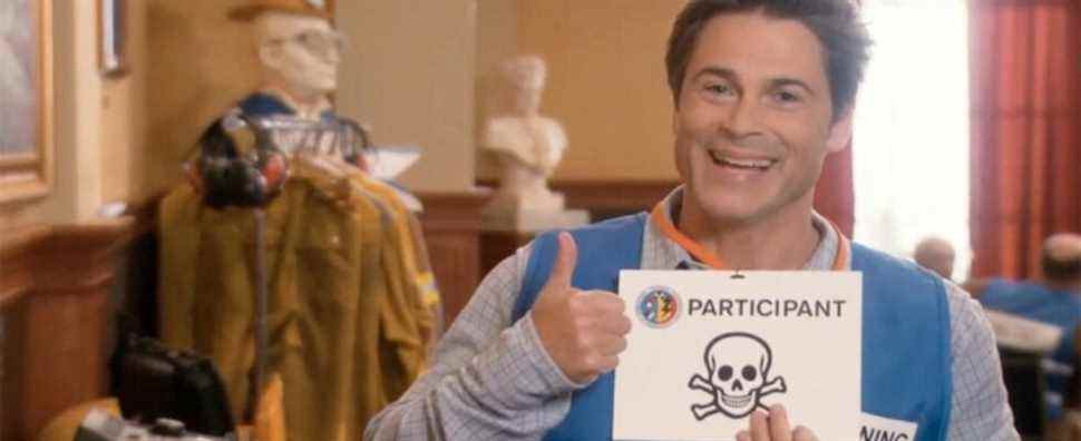 Rob Lowe is super optimistic despite the skull sign he's holding in Parks and Rec