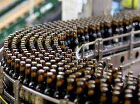 Des bouteilles de bière rouge irlandaise de George Killian descendent sur un tapis roulant avant d'être emballées à la brasserie Molson Coors à Golden, Colorado.