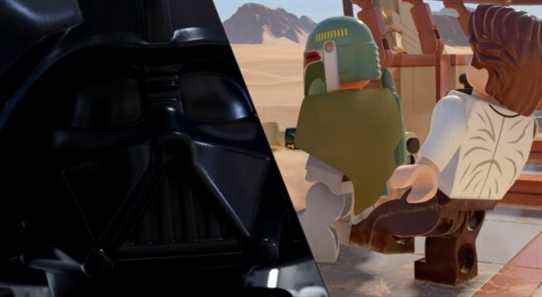 Split image of Darth Vader and Han-Solo kicking Boba Fett