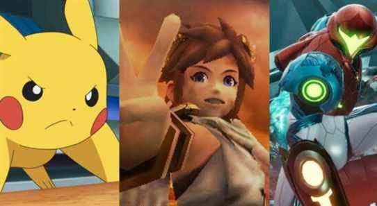 Pikachu taking a battle stance from the Pokemon anime; A dirtied Pit holding up a V for Victory sign in Kid icarus uprising; Samus surrounded by enemies in a Metroid Dread cinematic