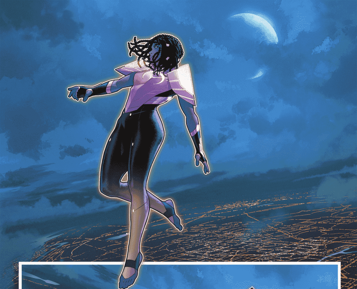La super-héroïne Naomi McDuffie flotte haut et insouciante au-dessus d'une grille de lumières de la ville lors d'une nuit au clair de lune dans Naomi # 2: Saison 2 (2022). 