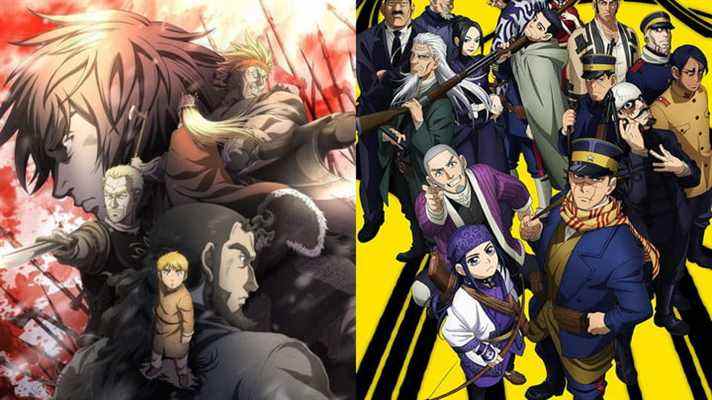 Image fractionnée des affiches d'anime Vinland Saga et Golden Kamuy mettant en vedette les acteurs principaux respectifs.