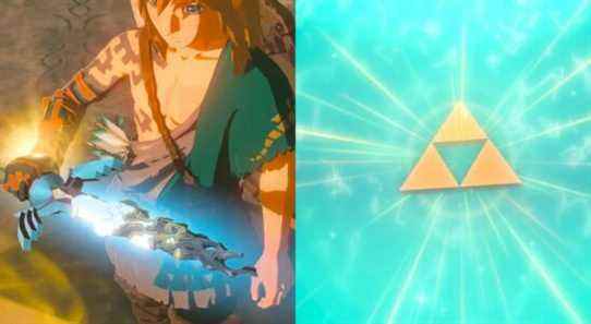 The Triforce in Wind Waker and Link holding Breath of the Wild 2's damaged Master Sword