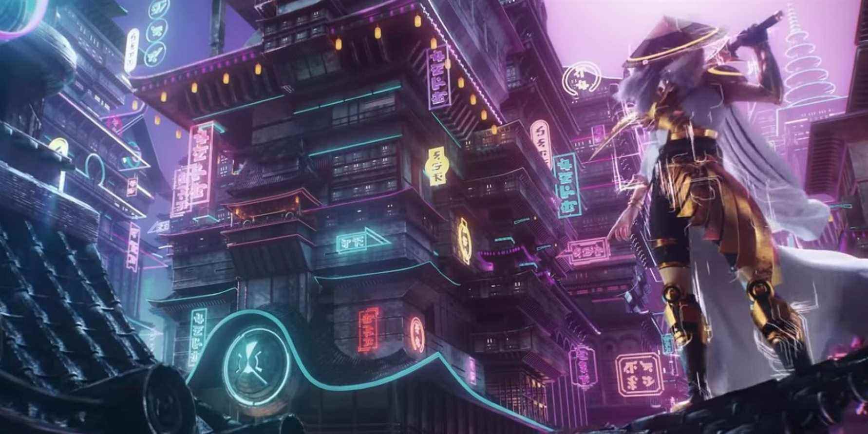 The Wanderer debout sur un toit dans une ville cyberpunk de Magic: The Gathering's Kamigawa: Neon Dynasty