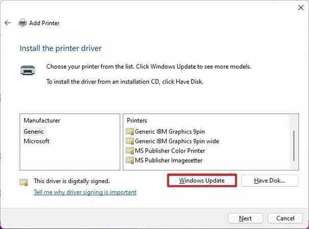 Windows Update télécharger les pilotes d'imprimante