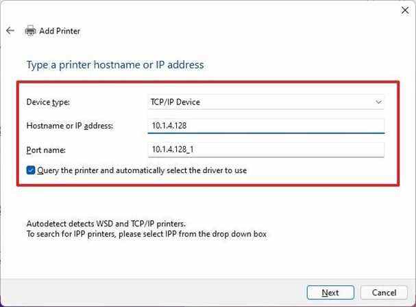 Type d'imprimante TCP/IP