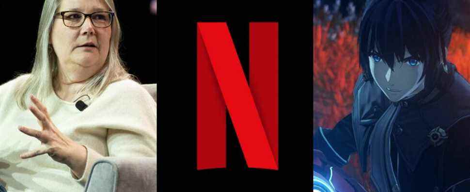 Amy Hennig, the Netflix logo, and a character from Xenoblade 3